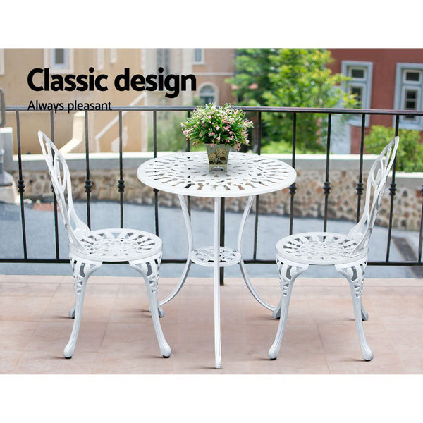 Gardeon 3PC Outdoor Setting Cast Aluminium Bistro Table Chair Patio White freeshipping - Awezingly