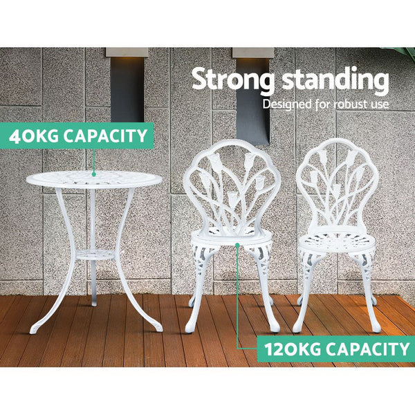 Gardeon 3PC Outdoor Setting Cast Aluminium Bistro Table Chair Patio White freeshipping - Awezingly