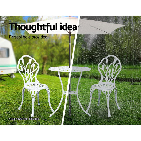 Gardeon 3PC Outdoor Setting Cast Aluminium Bistro Table Chair Patio White freeshipping - Awezingly