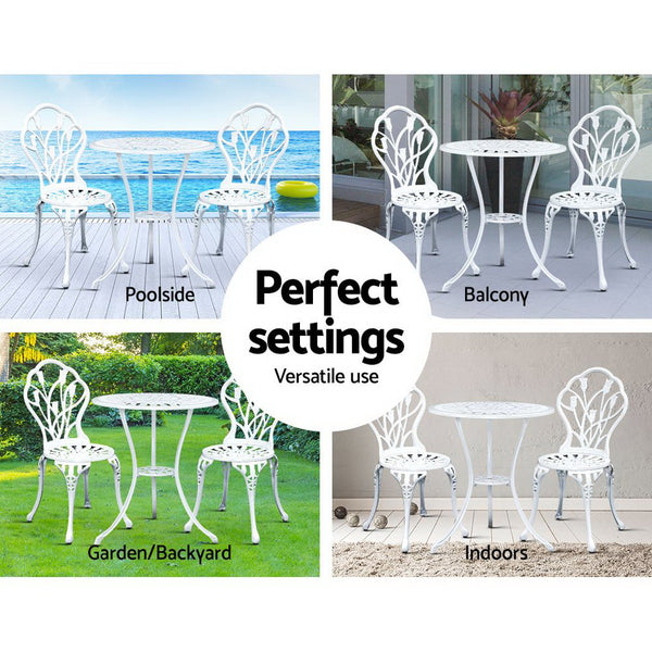 Gardeon 3PC Outdoor Setting Cast Aluminium Bistro Table Chair Patio White freeshipping - Awezingly