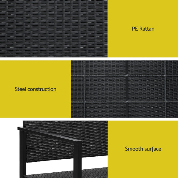 Gardeon Outdoor Garden Bench Seat Rattan Chair Steel Patio Furniture Park Black Gardeon