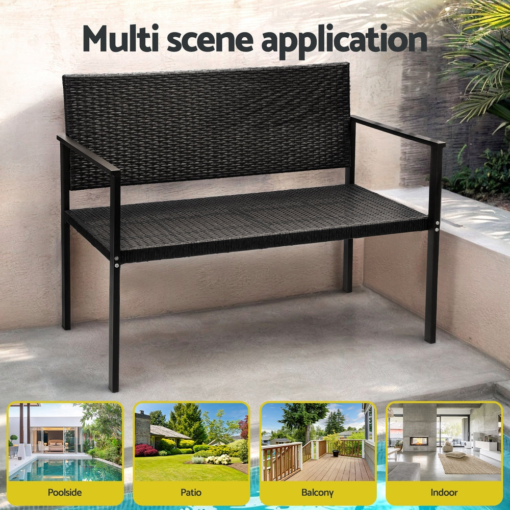 Gardeon Outdoor Garden Bench Seat Rattan Chair Steel Patio Furniture Park Black Gardeon