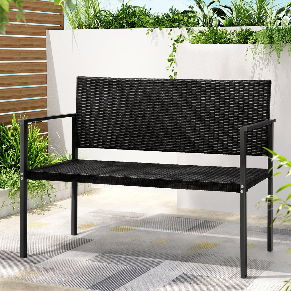 Gardeon Outdoor Garden Bench Seat Rattan Chair Steel Patio Furniture Park Black Gardeon