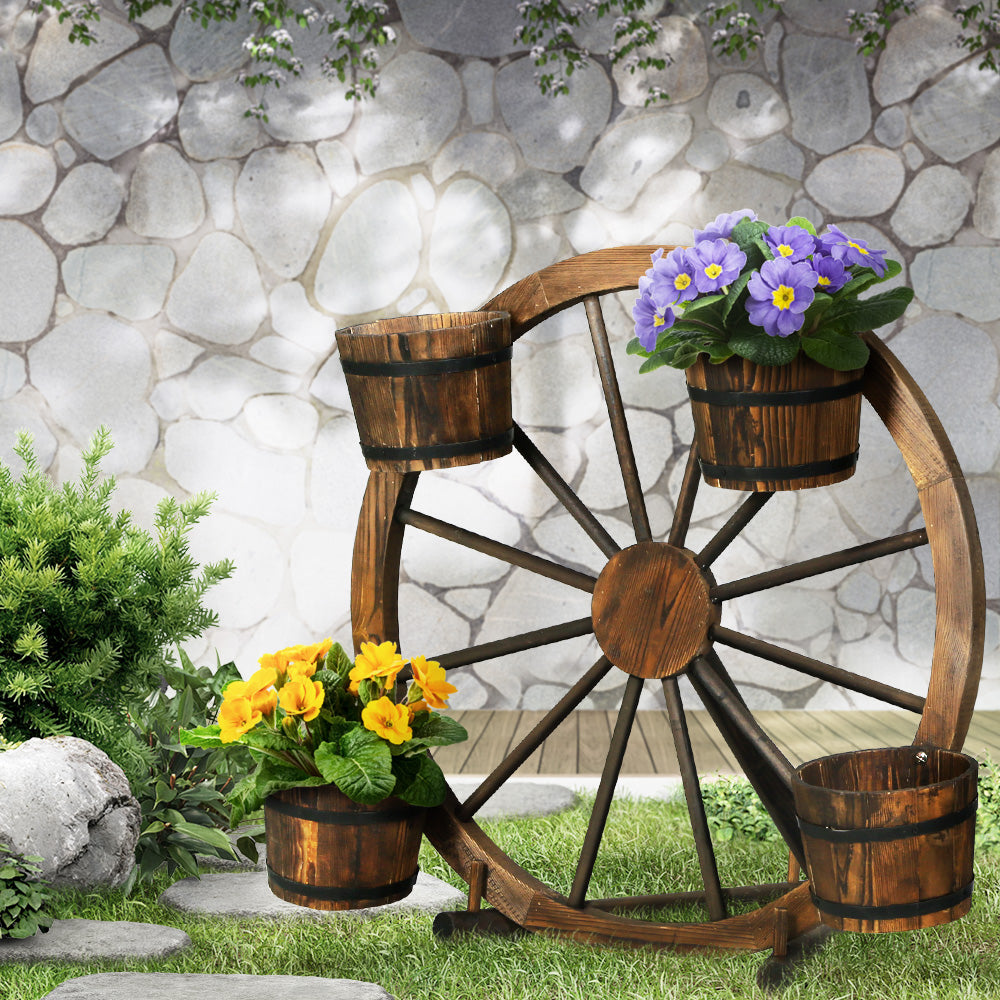 Gardeon Garden Ornaments Decor Wooden Wagon Wheel Rustic Outdoor Planter flower Gardeon