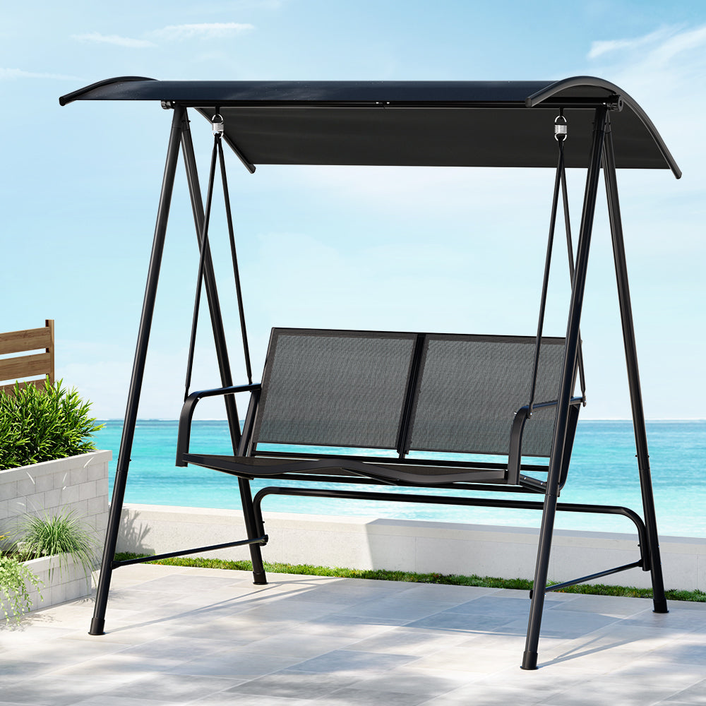 Gardeon Outdoor Swing Chair Garden Bench 2 Seater Canopy Patio Furniture Black Gardeon