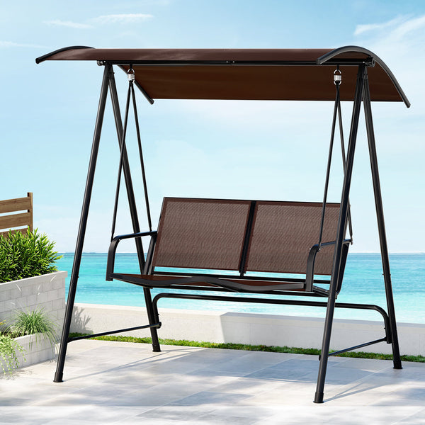 Gardeon Outdoor Swing Chair Garden Bench 2 Seater Canopy Patio Furniture Brown Gardeon