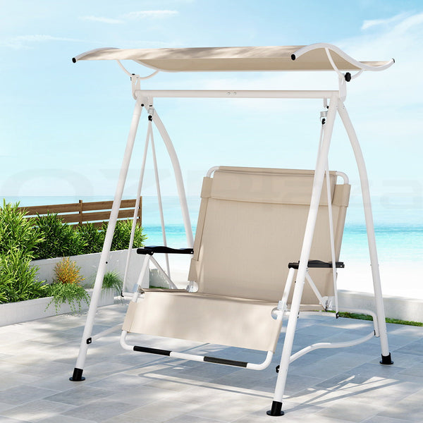 Gardeon Outdoor Swing Chair Garden Lounger 2 Seater Canopy Patio Furniture Beige Gardeon