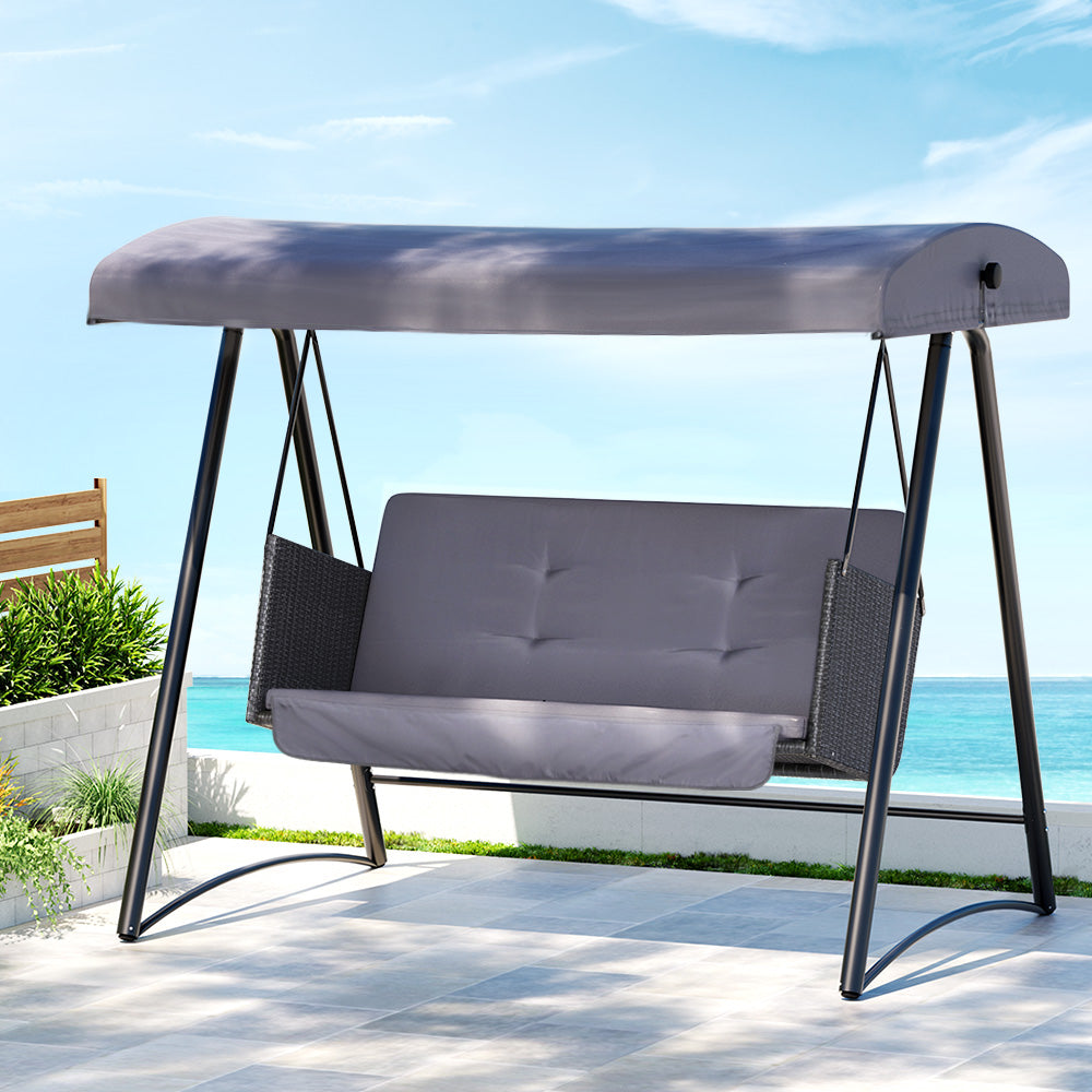 Gardeon Rattan Swing Chair with Canopy Outdoor Garden Bench 3 Seater Grey Gardeon