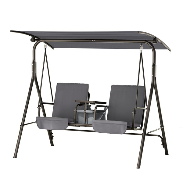 Gardeon Outdoor Patio Swing Chair 2 Seater Canopy Table Top Cup Holder Black Gardeon