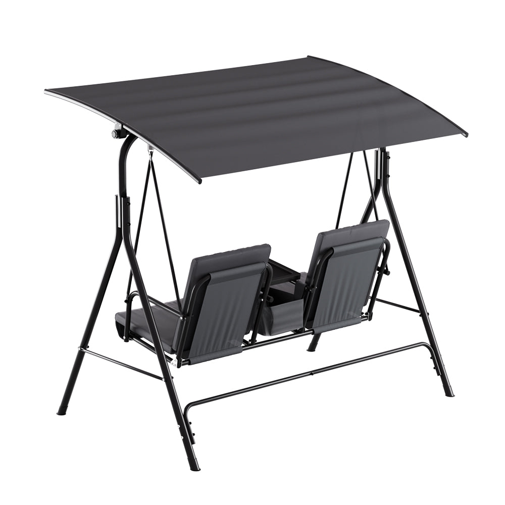 Gardeon Outdoor Patio Swing Chair 2 Seater Canopy Table Top Cup Holder Black Gardeon