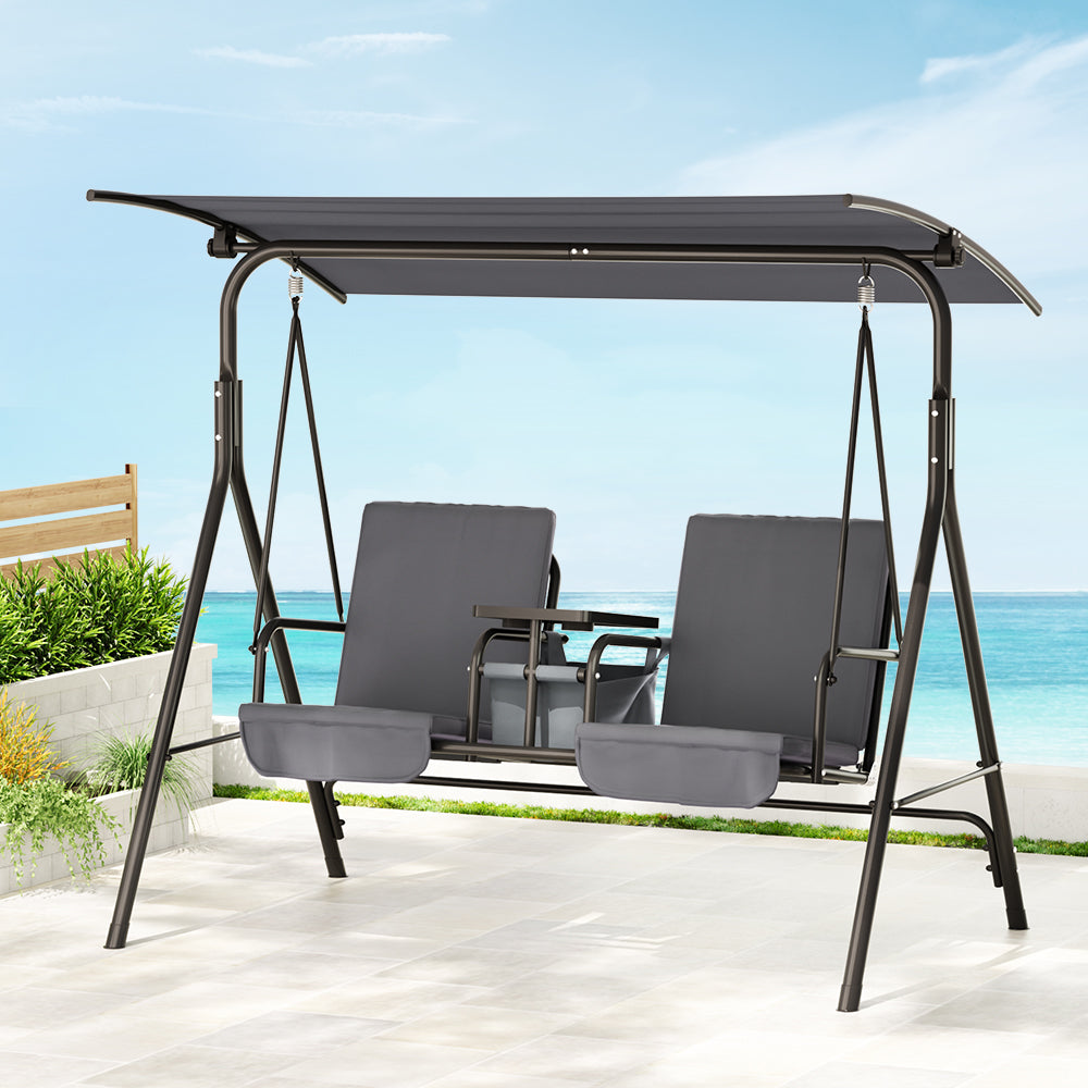 Gardeon Outdoor Patio Swing Chair 2 Seater Canopy Table Top Cup Holder Black Gardeon