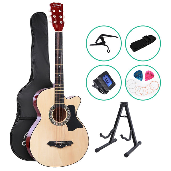 ALPHA 38 Inch Wooden Acoustic Guitar with Accessories set - Natural Wood freeshipping - Awezingly
