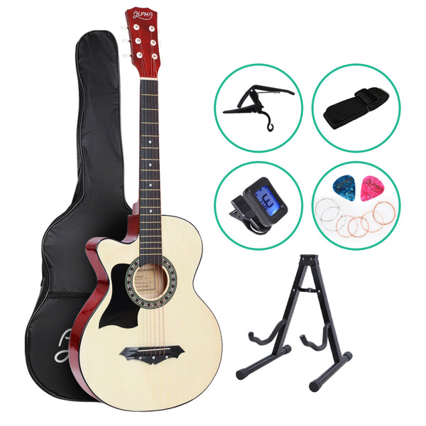 ALPHA 38 Inch Wooden Acoustic Guitar Left handed with Accessories set Natural Wood freeshipping - Awezingly