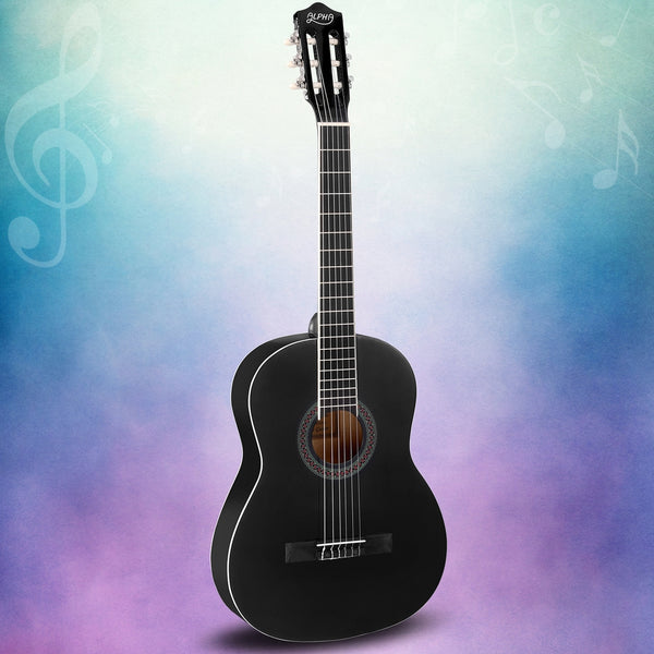 Alpha 39 Inch Classical Guitar Wooden Body Nylon String Beginner Gift Black Alpha