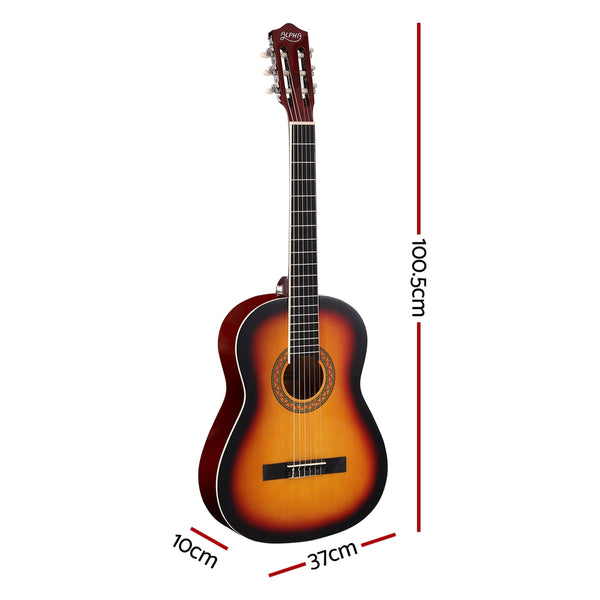 Alpha 39 Inch Classical Guitar Wooden Body Nylon String Beginner Gift Sunburst Alpha