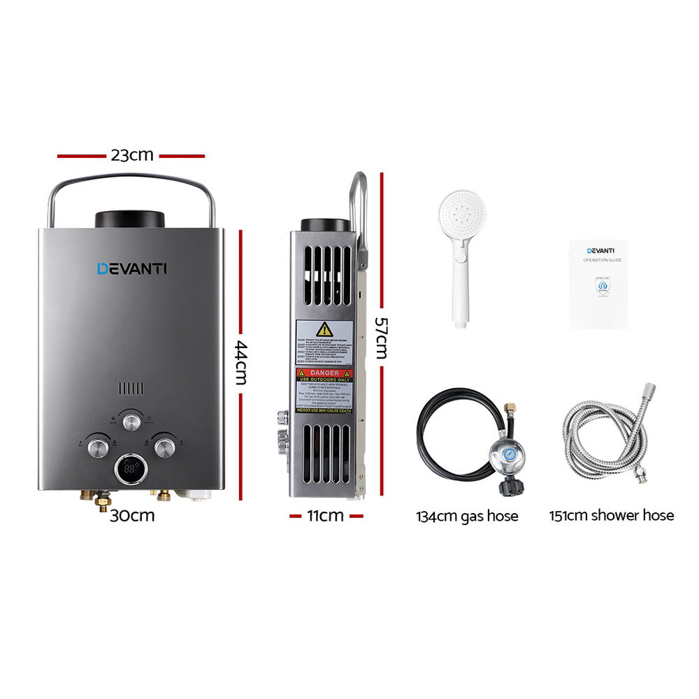 Devanti Portable Gas Water Heater 8LPM Outdoor Camping Shower Grey Devanti