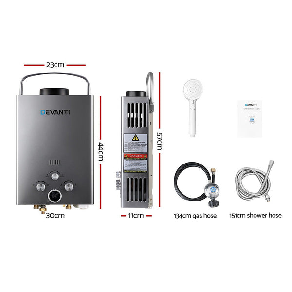 Devanti Portable Gas Water Heater 8LPM Outdoor Camping Shower Grey Devanti