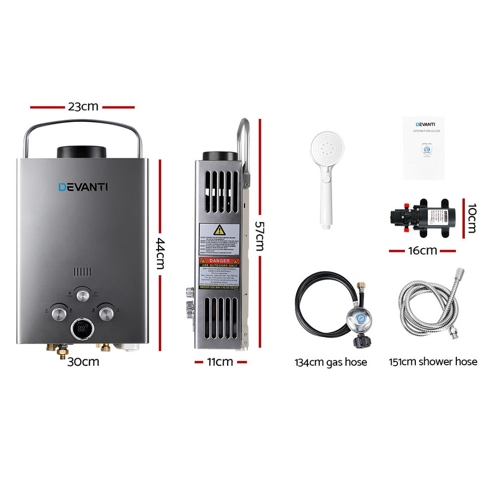 Devanti Outdoor Gas Hot Water Heater Portable Camping Shower 12V Pump Grey Devanti