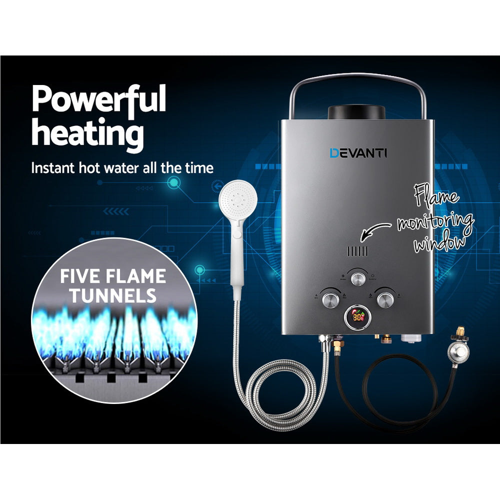 Devanti Outdoor Gas Hot Water Heater Portable Camping Shower 12V Pump Grey Devanti