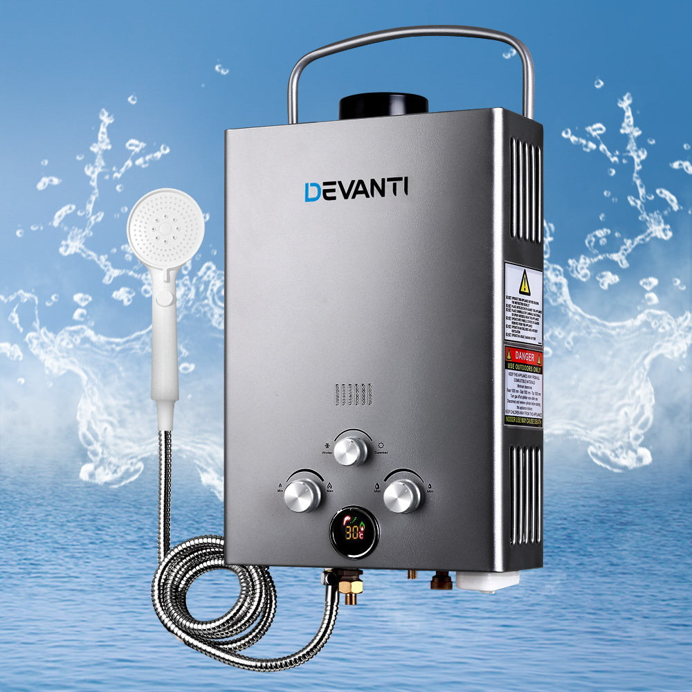 Devanti Outdoor Gas Hot Water Heater Portable Camping Shower 12V Pump Grey Devanti