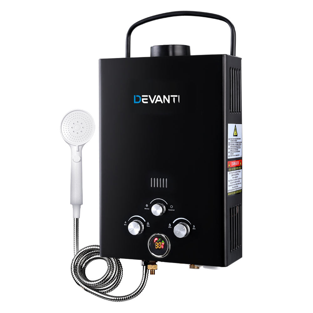 Devanti Outdoor Gas Hot Water Heater Portable Camping Shower 12V Pump Black Devanti