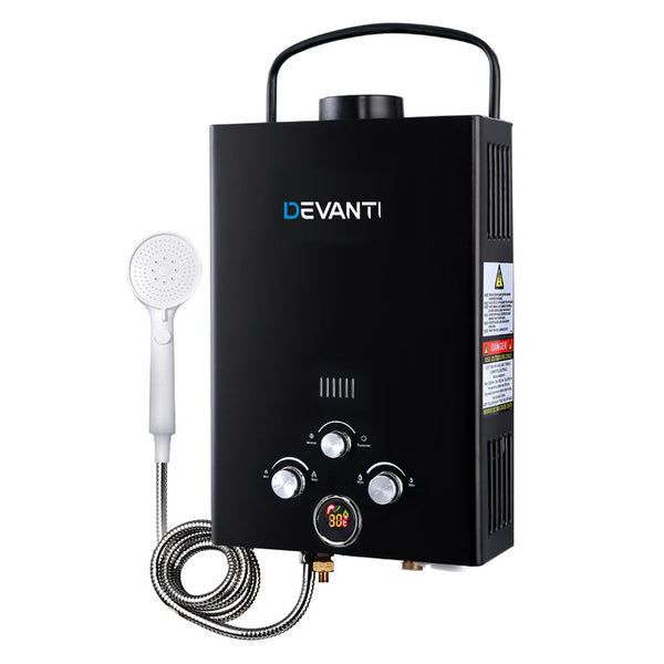 Devanti Outdoor Gas Hot Water Heater Portable Camping Shower 12V Pump Black Devanti