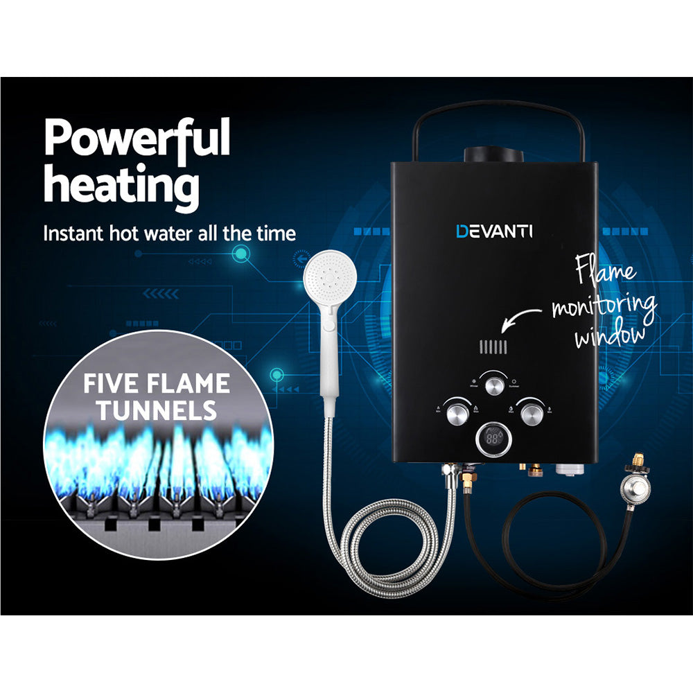 Devanti Outdoor Gas Hot Water Heater Portable Camping Shower 12V Pump Black Devanti