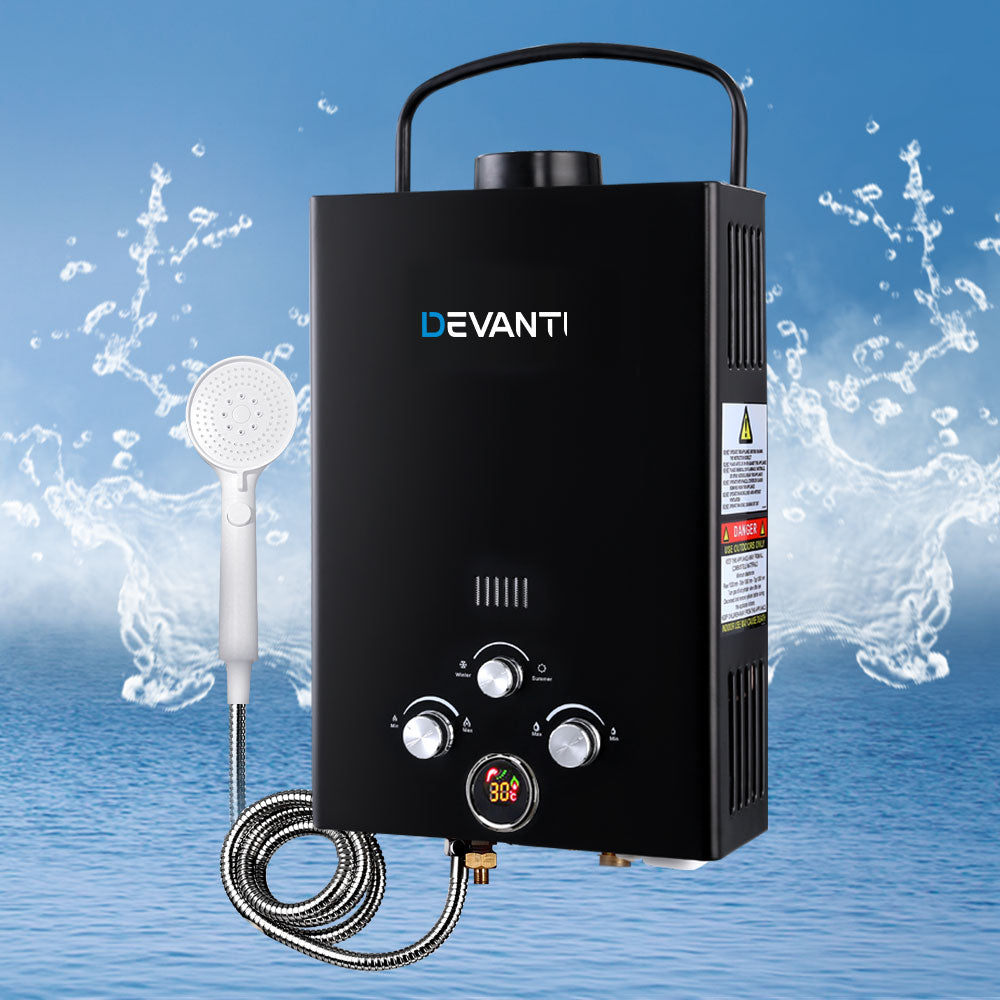 Devanti Outdoor Gas Hot Water Heater Portable Camping Shower 12V Pump Black Devanti