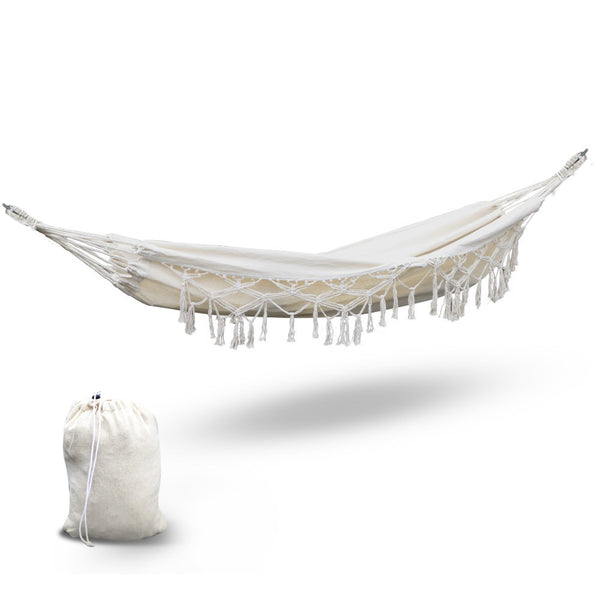 Gardeon Hanging Tassel Hammock Swing Bed Cream freeshipping - Awezingly
