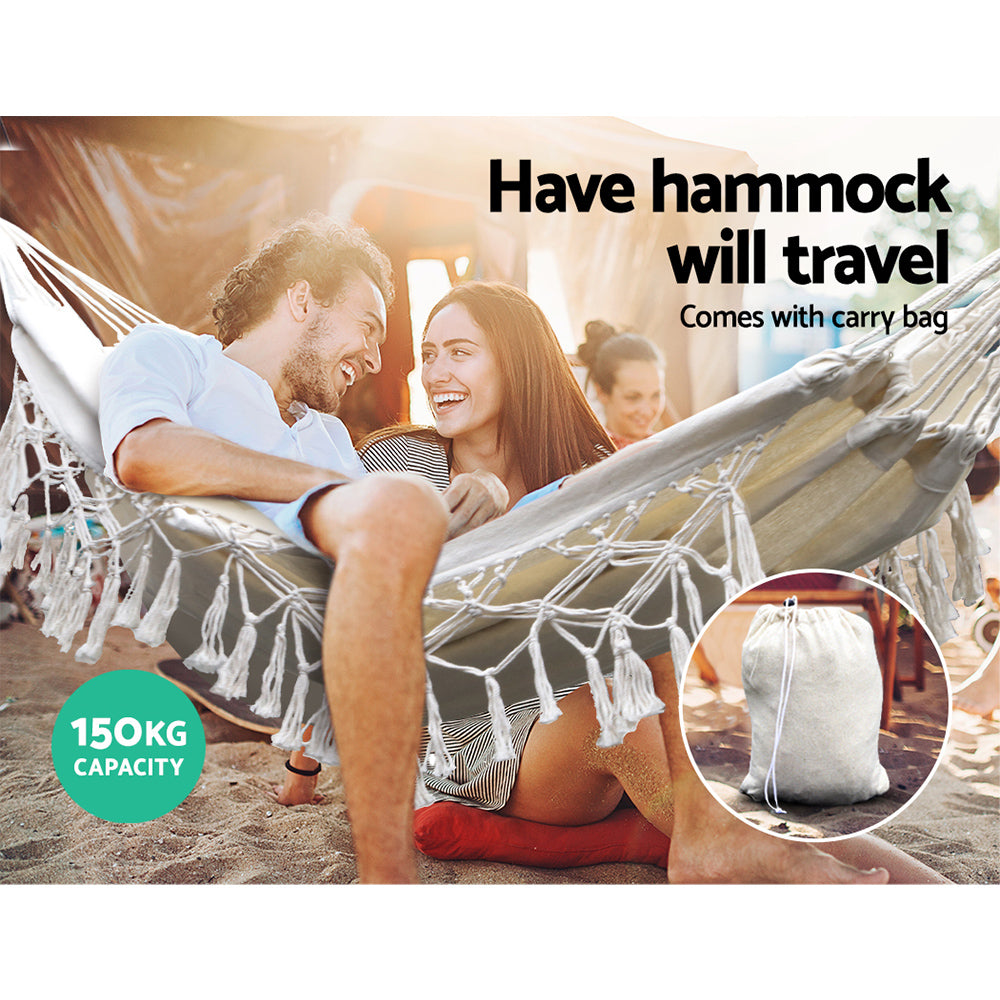 Gardeon Hanging Tassel Hammock Swing Bed Cream freeshipping - Awezingly