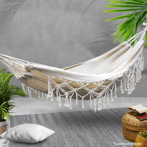 Gardeon Hanging Tassel Hammock Swing Bed Cream freeshipping - Awezingly