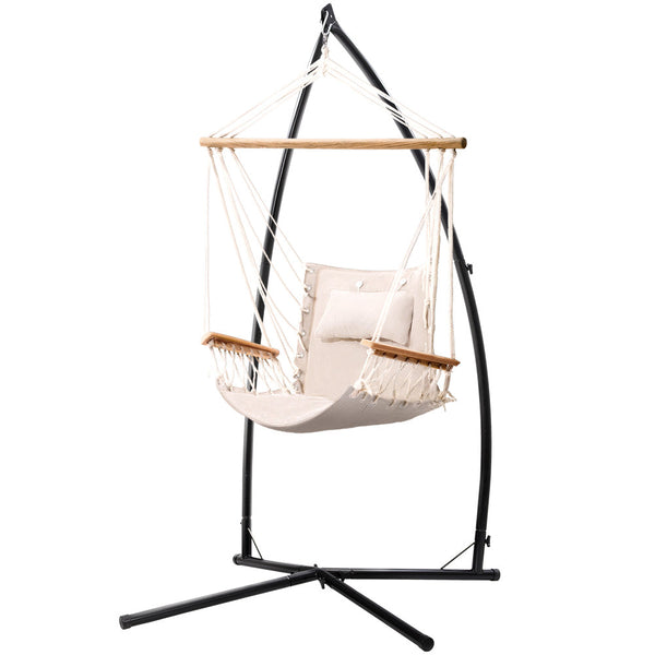 Gardeon Outdoor Hammock Chair with Steel Stand Hanging Hammock Beach Cream Gardeon