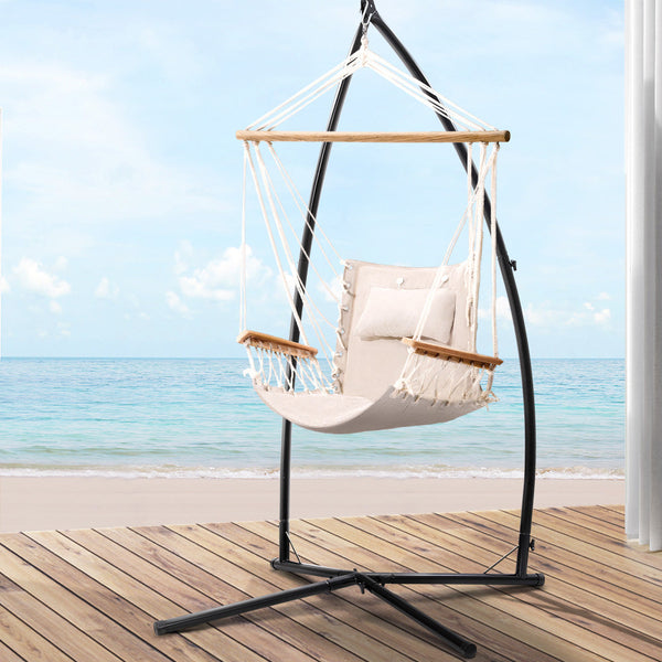 Gardeon Outdoor Hammock Chair with Steel Stand Hanging Hammock Beach Cream Gardeon