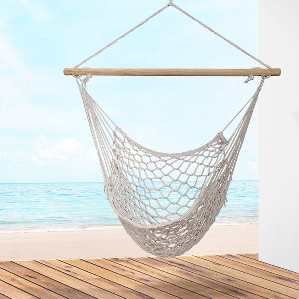 Gardeon Hammock Chair Outdoor Hanging Chair Camping Mesh Indoor Hammocks Cream Gardeon