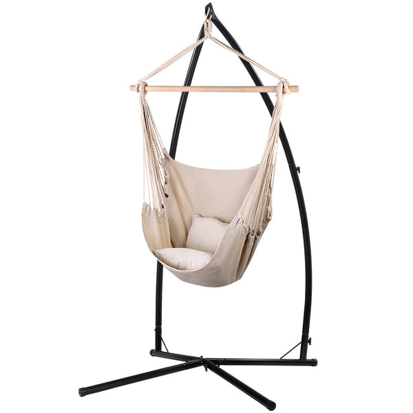 Gardeon Outdoor Hammock Chair with Steel Stand Hanging Hammock with Pillow Cream Gardeon