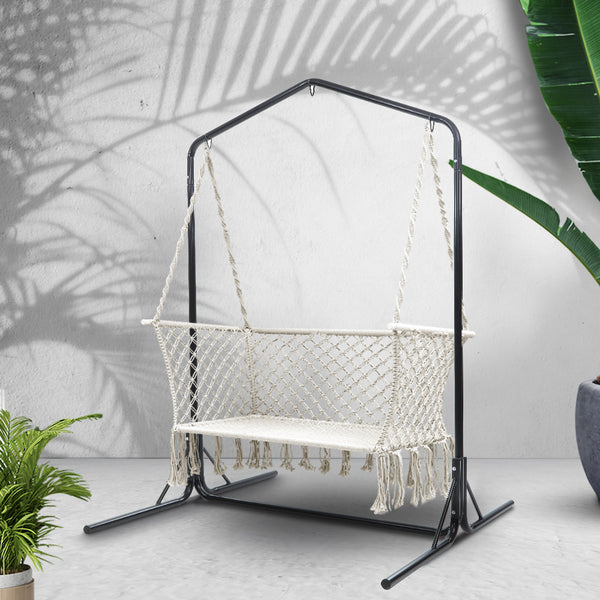 Gardeon Double Swing Hammock Chair with Stand Macrame Outdoor Bench Seat Chairs freeshipping - Awezingly