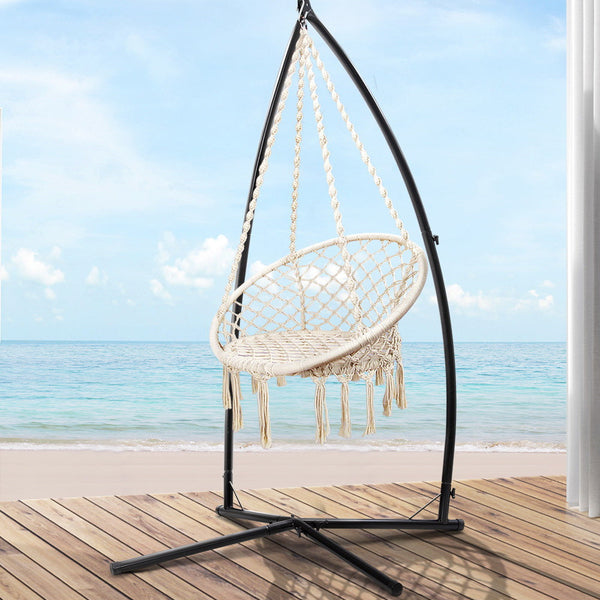 Gardeon Outdoor Hammock Chair with Steel Stand Cotton Swing Hanging 124CM Cream Gardeon