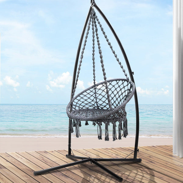 Gardeon Outdoor Hammock Chair with Steel Stand Cotton Swing Hanging 124CM Grey Gardeon