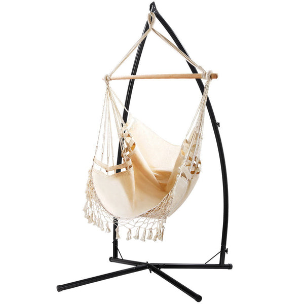 Gardeon Outdoor Hammock Chair with Steel Stand Tassel Hanging Rope Hammock Cream Gardeon