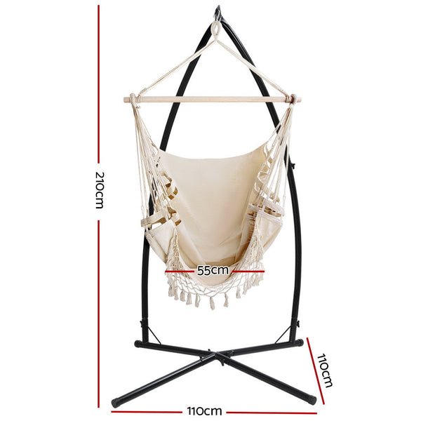 Gardeon Outdoor Hammock Chair with Steel Stand Tassel Hanging Rope Hammock Cream Gardeon