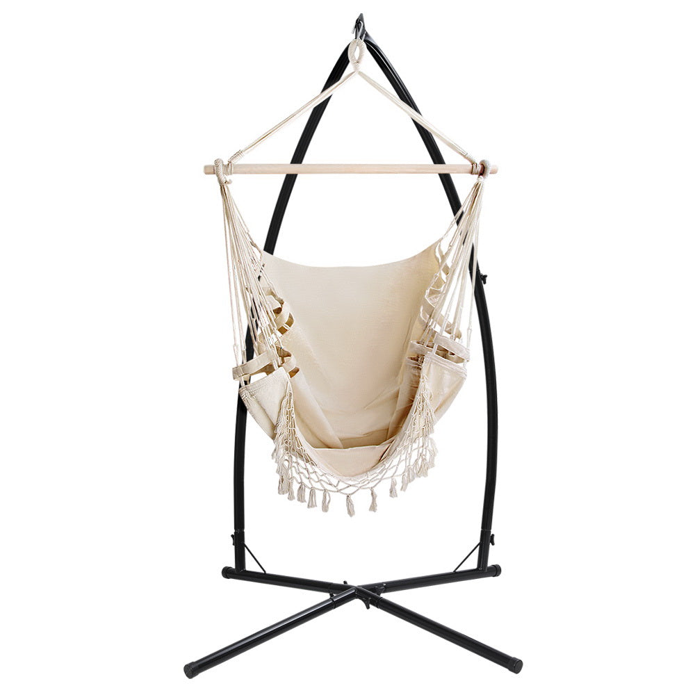 Gardeon Outdoor Hammock Chair with Steel Stand Tassel Hanging Rope Hammock Cream Gardeon