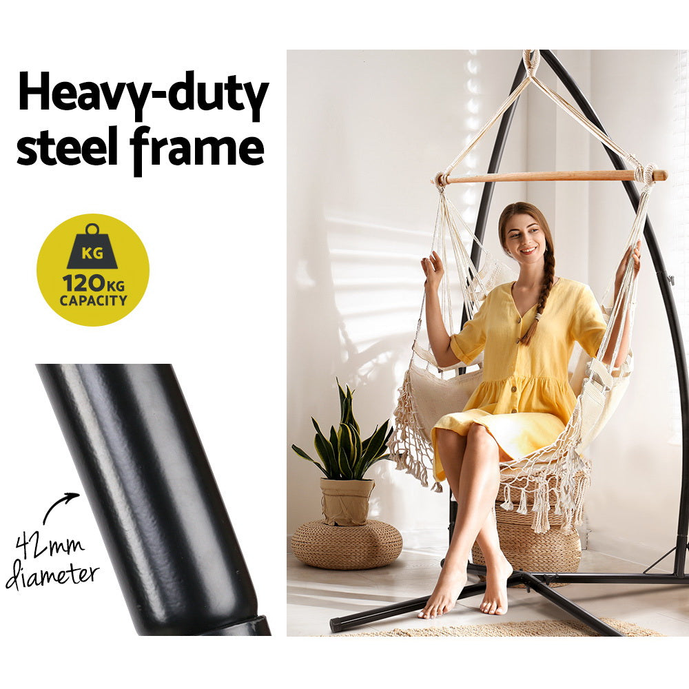 Gardeon Outdoor Hammock Chair with Steel Stand Tassel Hanging Rope Hammock Cream Gardeon