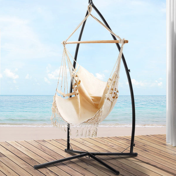 Gardeon Outdoor Hammock Chair with Steel Stand Tassel Hanging Rope Hammock Cream Gardeon