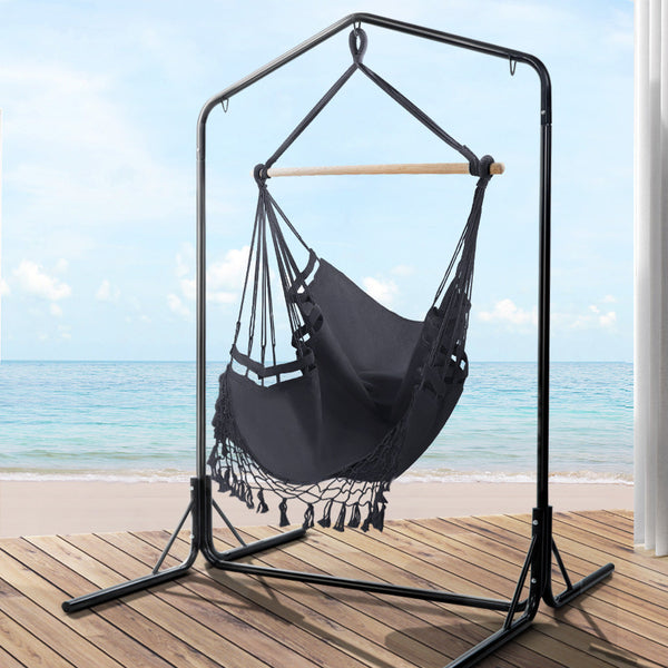 Gardeon Outdoor Hammock Chair with Stand Tassel Hanging Rope Hammocks Grey Gardeon