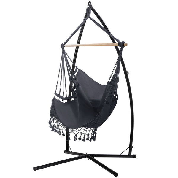 Gardeon Outdoor Hammock Chair with Steel Stand Tassel Hanging Rope Hammock Grey Gardeon