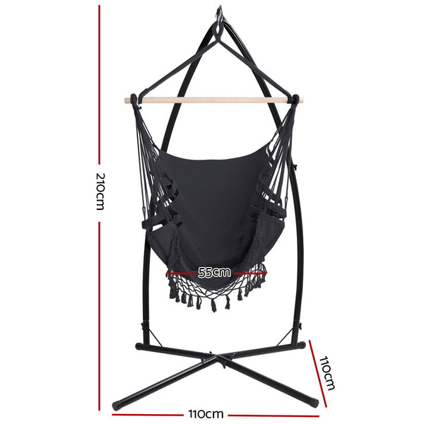 Gardeon Outdoor Hammock Chair with Steel Stand Tassel Hanging Rope Hammock Grey Gardeon