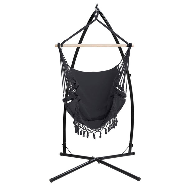 Gardeon Outdoor Hammock Chair with Steel Stand Tassel Hanging Rope Hammock Grey Gardeon