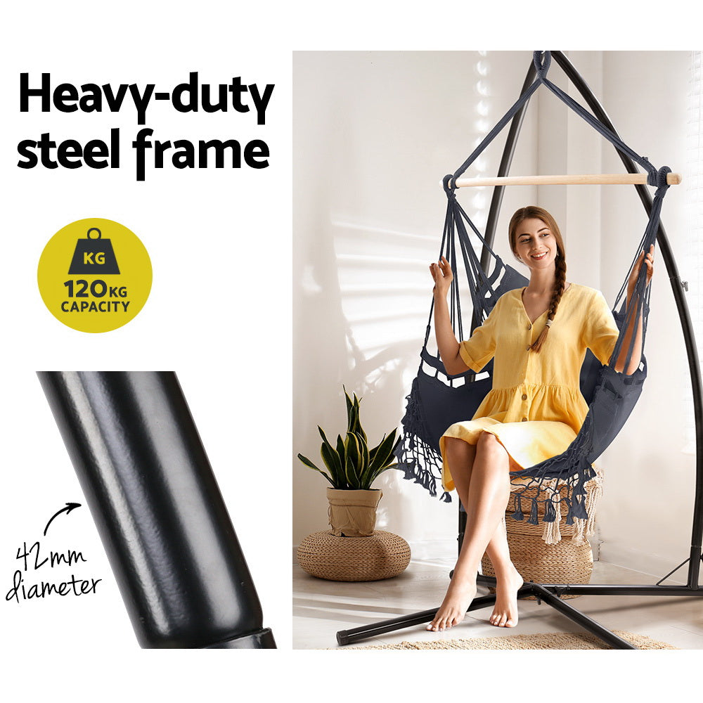 Gardeon Outdoor Hammock Chair with Steel Stand Tassel Hanging Rope Hammock Grey Gardeon