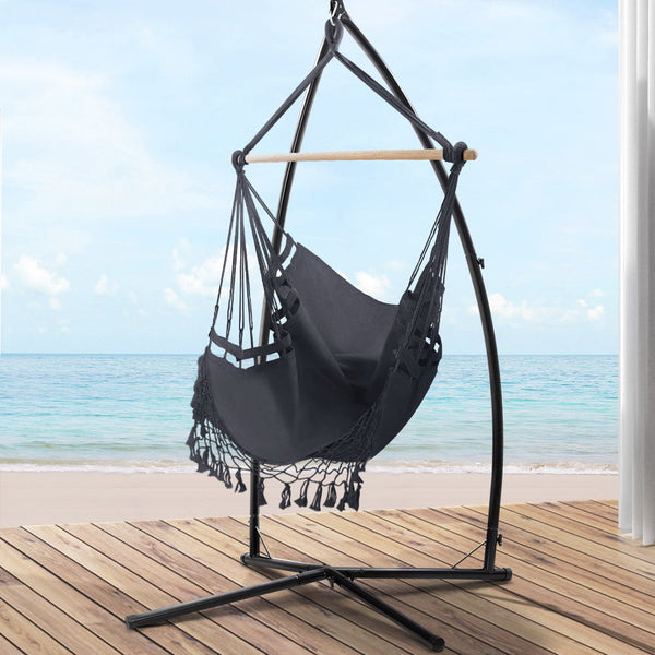 Gardeon Outdoor Hammock Chair with Steel Stand Tassel Hanging Rope Hammock Grey Gardeon