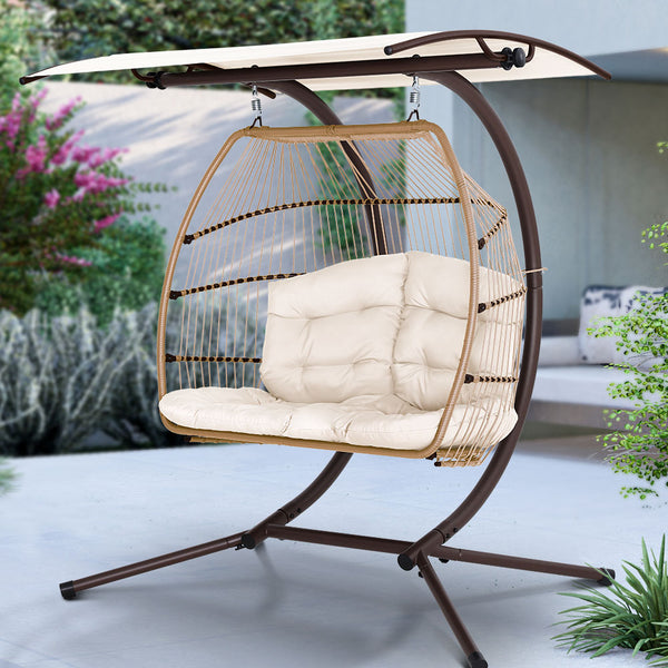 Gardeon Outdoor Furniture Lounge Hanging Swing Chair Egg Hammock Stand Rattan Wicker Latte freeshipping - Awezingly